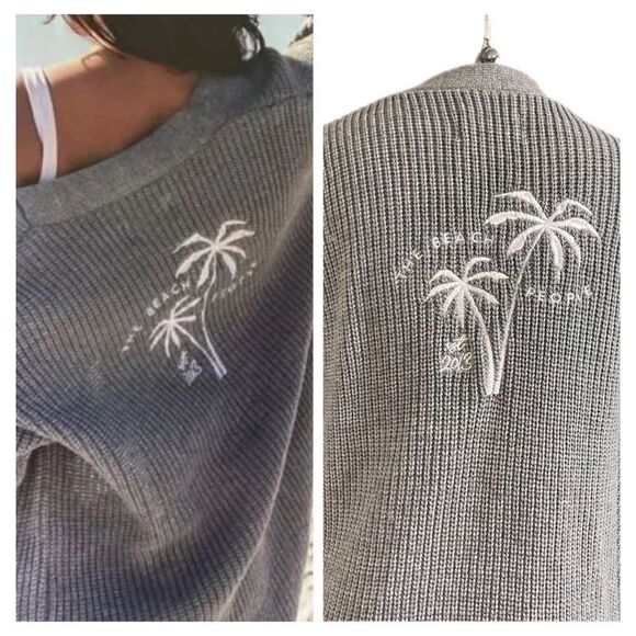 The Beach People Grey Embroidered Cardigan Sweater Women's Size Medium/Large - Picture 1 of 10